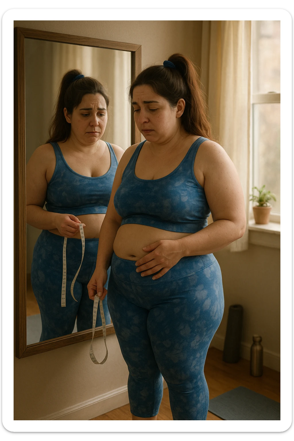 A realistic, cinematic illustration of a woman in her early 30s with a slightly rounded body shape, standing in front of a mirror in a softly lit bedroom, looking at her reflection with a thoughtful, slightly discouraged expression. She is wearing comfortable home workout clothes, holding a tape measure in one hand loosely, while her other hand gently touches her belly area, showing her frustration with slow weight loss progress. The room is cozy, with natural light filtering in, a yoga mat rolled up in the corner, a water bottle, and a small plant on the windowsill. The scene captures the emotional struggle and quiet determination of a woman facing difficulties in losing weight despite her efforts, with warmth and dignity. sticker