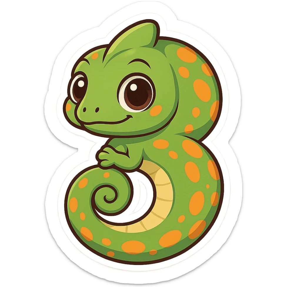 cartoon chameleon whose curled body and tail form the number 5, with expressive eyes and bright patterns sticker