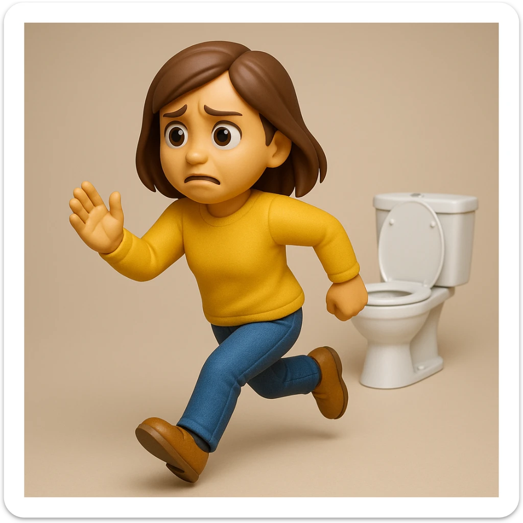 EMOJI STILE IPHONE 3D DI UNA DONNA A FIGURA INTERA CHE CORRE INCONTRO AD UN WC, FAI BEN VISIBILE SIA LA DONNA CHE IL WC, SI DEVE VEDERE BENE CHE LA DONNA HA URGENZA AD ANDARE IN BAGNO, IPERREALISTICA 4K sticker