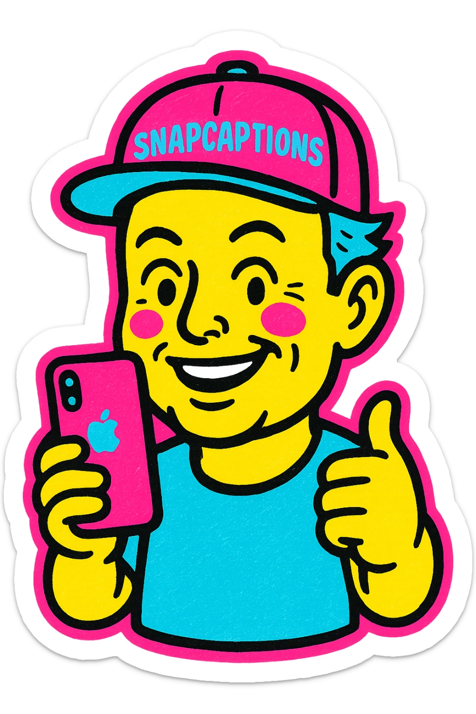 sticker of Elon Musk wearing a cap labeled 'Snapcaptions' and holding an iPhone, vibrant, fun, suitable for social media sticker