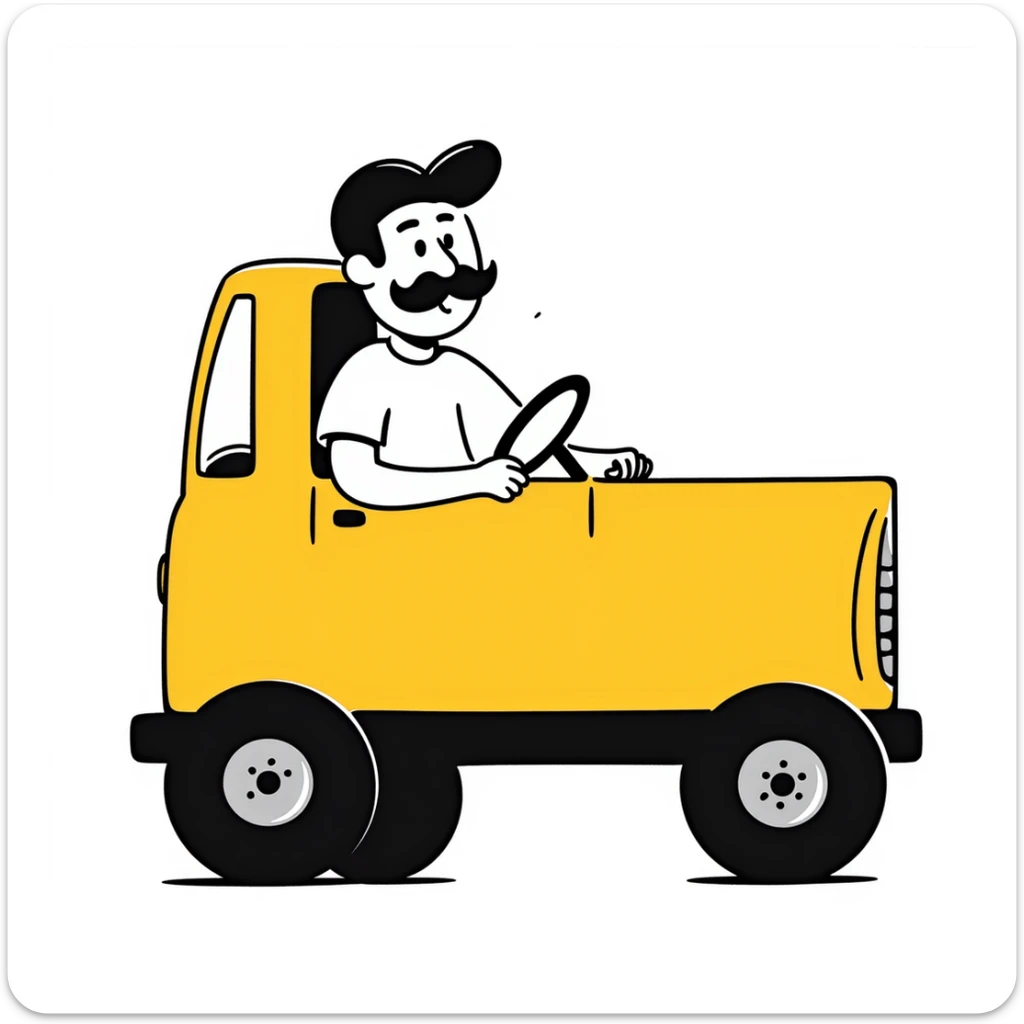 a bald truck driver with a mustache and a baseball cap, driving a yellow semi sleeper truck sticker