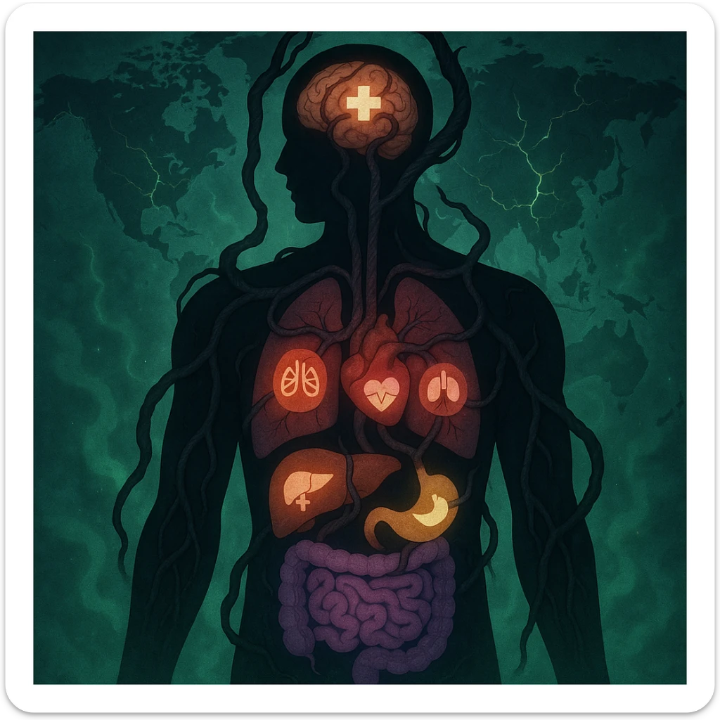 semi-realistic, medical-fantasy style human silhouette, parasite tendrils reach organs, each organ with a colored glow and a small medical icon, world map, glowing cracks, green mist sticker