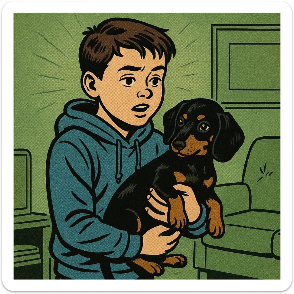 A modern day 10 year old wearing a blue hoodie with a black and tan puppy dachshund in a green living room sticker