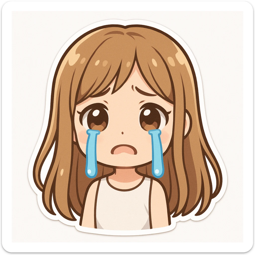 animated girl with long straight hair light brown with blonde highlights, fair skin, large sad brown eyes, blue cartoon tears streaming down, frowning, white sleeveless top, plain white background, cute and expressive sticker