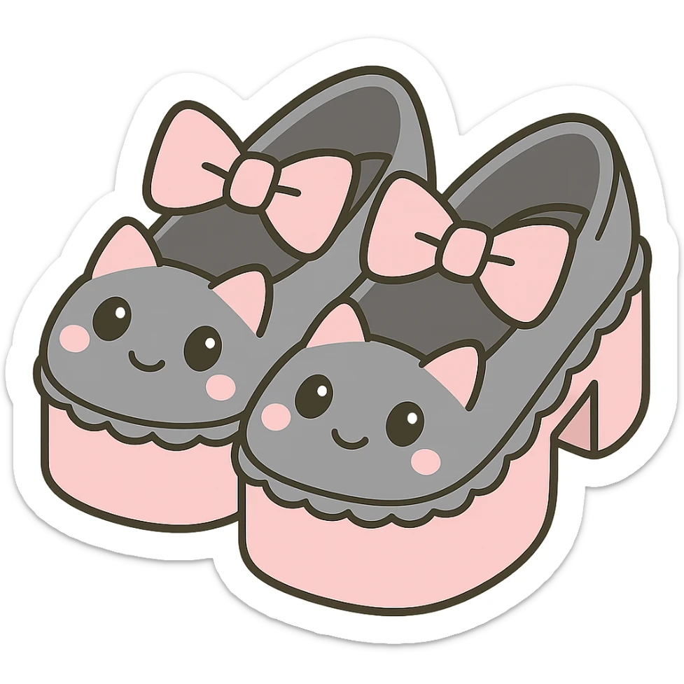 Refine the kawaii BLACKPINK-inspired gothic shoes with a large cute bow and scalloped edge, using pastel pink and pastel black (soft gray) colors for a gentle, dreamy look. Keep the design playful and stylish, without hearts. Transparent background. sticker