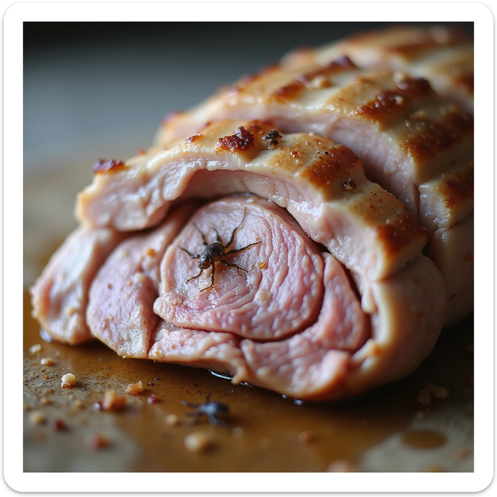 close-up of cooked pork meat slice, anatomical details showing survival of some parasites, neutral background, 4K quality sticker