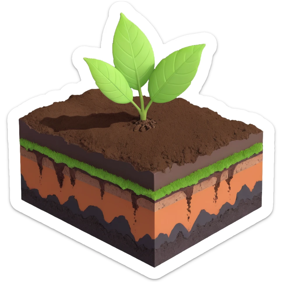 A fresh green leaf resting on the surface of a cross-section of the Earth, where soil and underground layers are visible beneath. Natural lighting, realistic textures. sticker