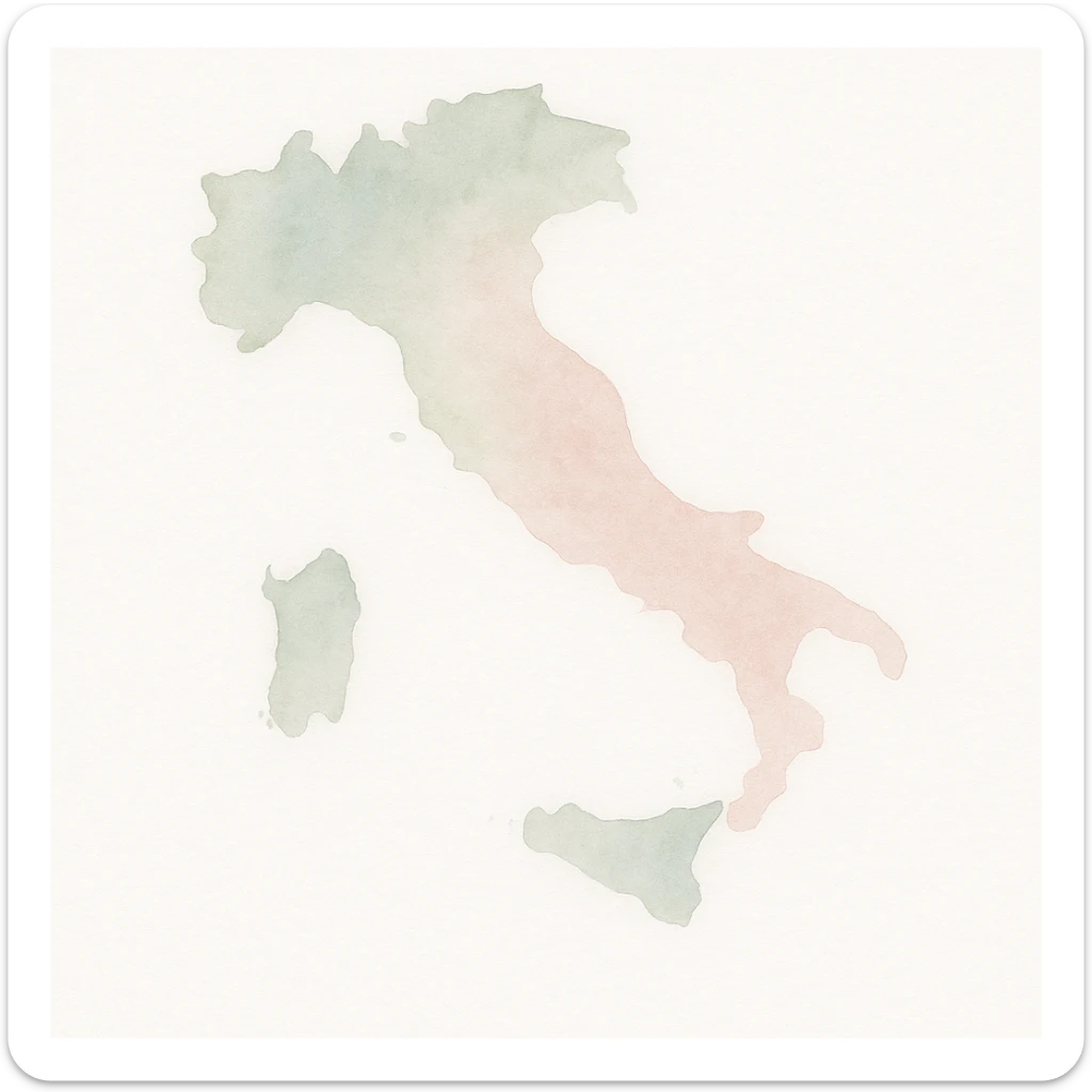 Map of Italy in watercolor style with white, green, and pink pastel tones. sticker