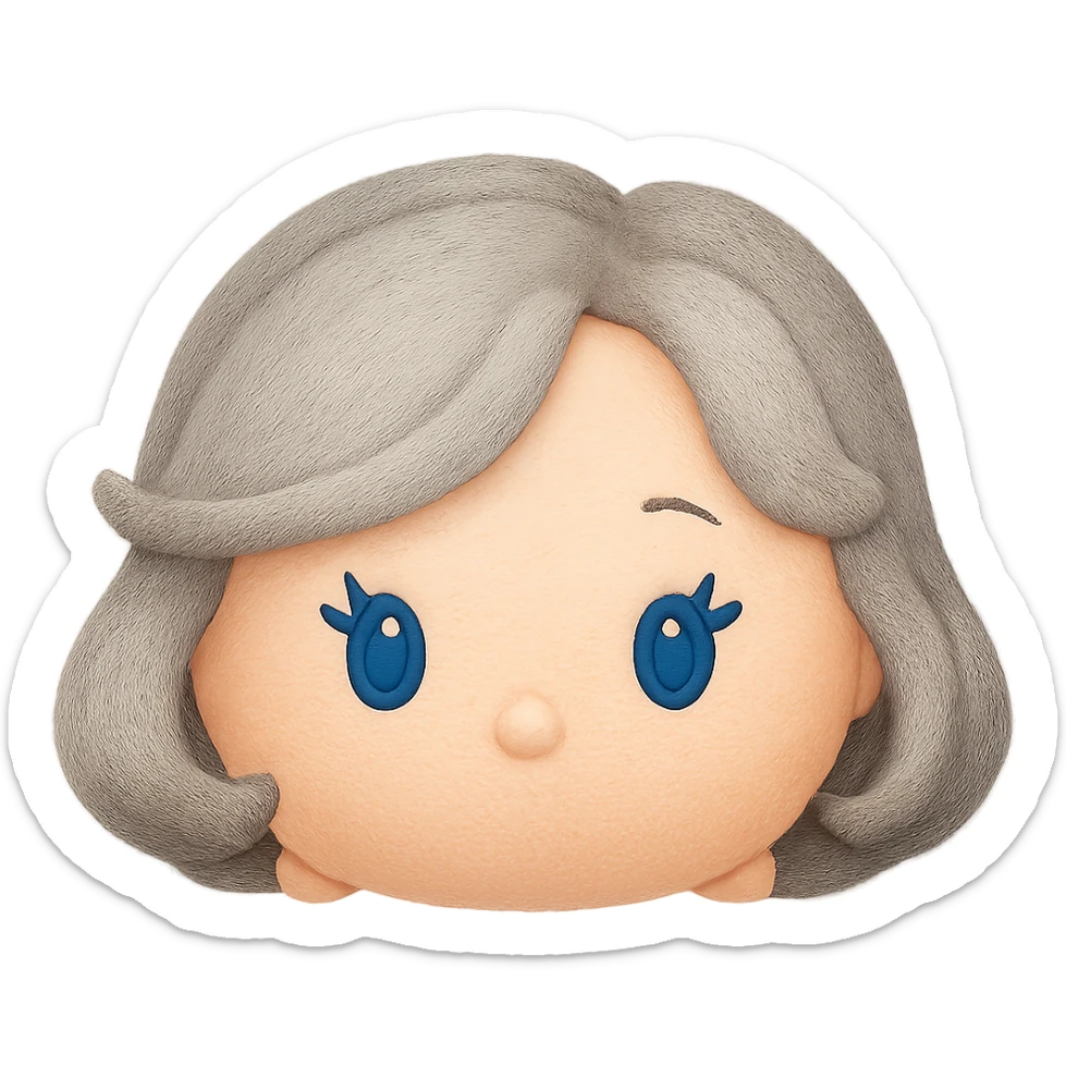 Change hair to pure silver grey with no blue or yellow cast, plush tsum tsum style, blue eyes, 1940s bob haircut, no body, no mouth, no white border, transparent background. sticker