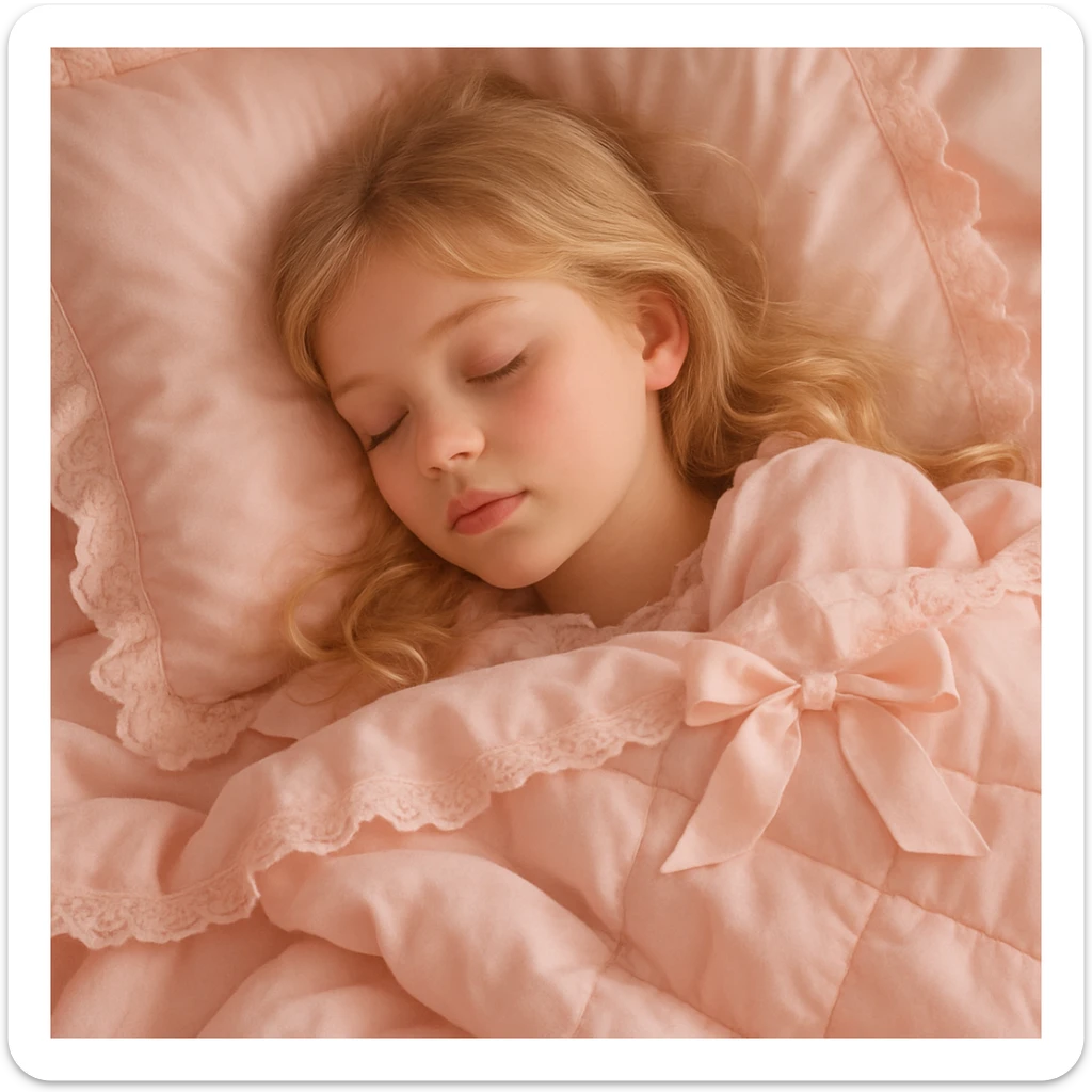 Close-up of a blonde girl sleeping with eyes closed, surrounded by baby pink Coquette bedding, gentle and cozy mood, soft pastel colors, delicate feminine details sticker