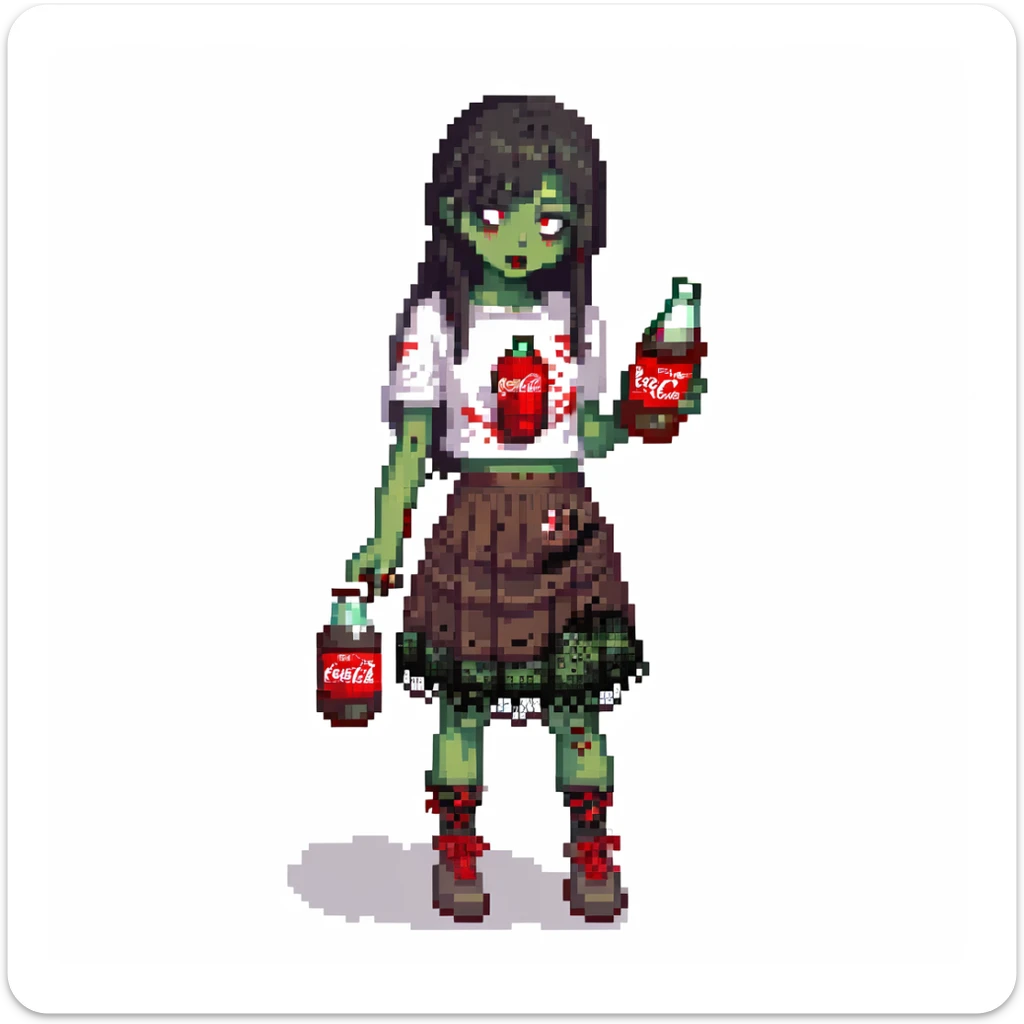 Generate an Asian girl, dark-haired, she's a zombie, wearing a skirt with lace, slightly torn,
Holding a bottle of Coca-Cola in her hands.
Background: a dark street in the style of Gotham City  sticker