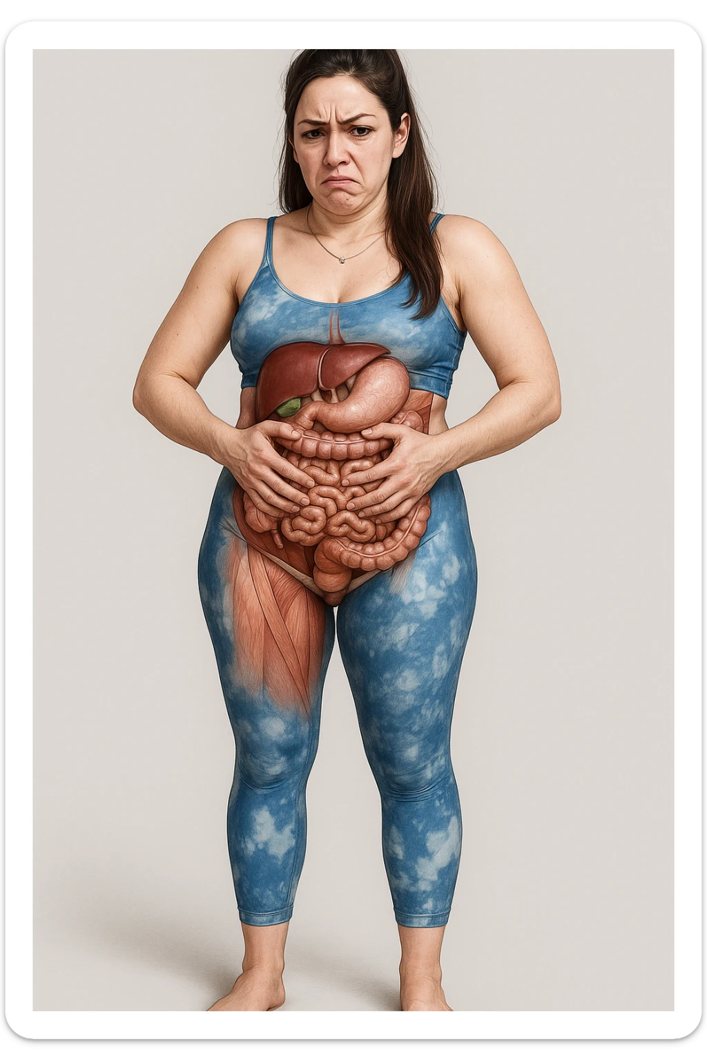 Realistic anatomical illustration of a woman in sportswear inspired by the reference photo, holding her bloated belly with both hands. Highlight abdominal organs and involved muscles, expression of annoyance, neutral background. sticker