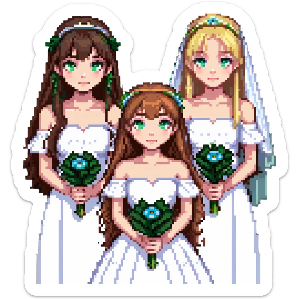 bachelorette party group of 4 girls, one with brown hair, blue eyes, fringe; two with brown hair; one bride with green eyes, blonde shoulder-length hair sticker