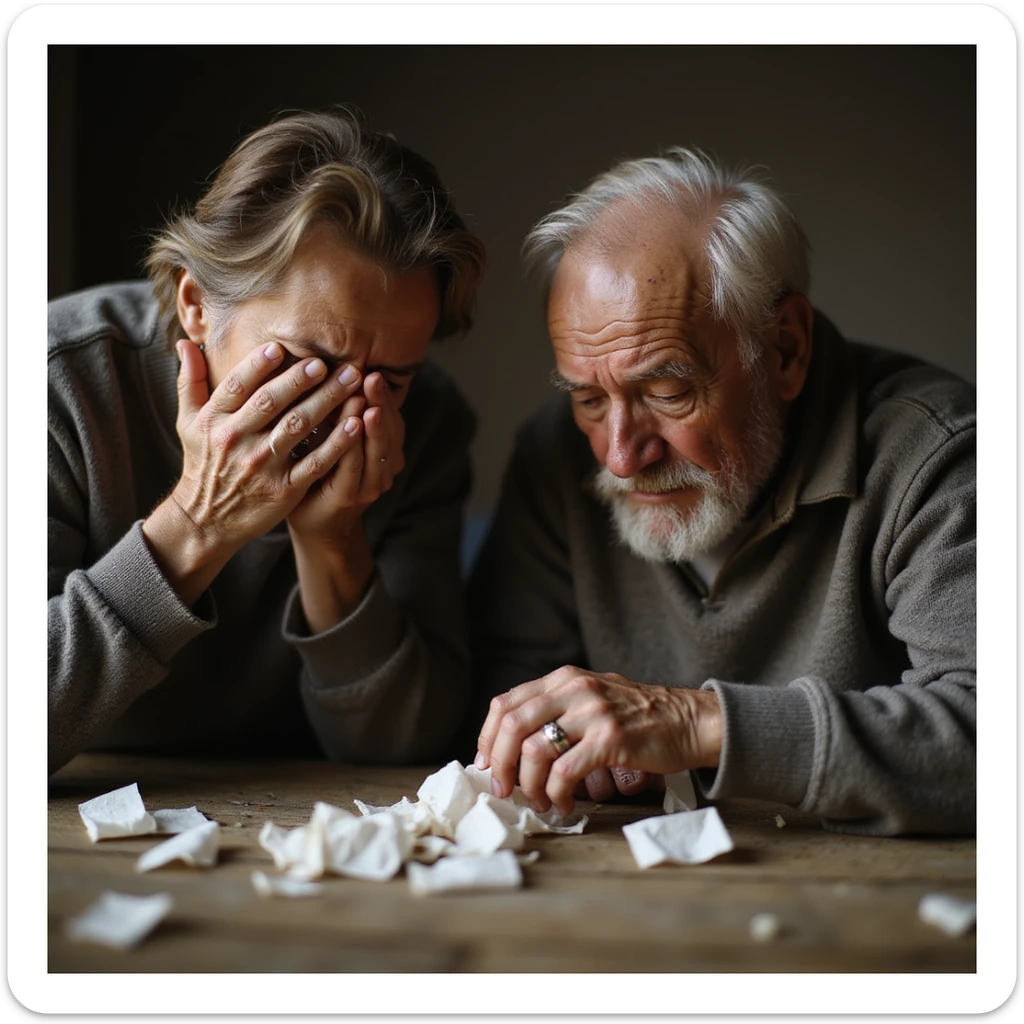 person tearing up an old couple photo, trembling hands, tears in eyes, wooden table with scattered tissues, warm soft lighting, hyperrealistic 4K details sticker