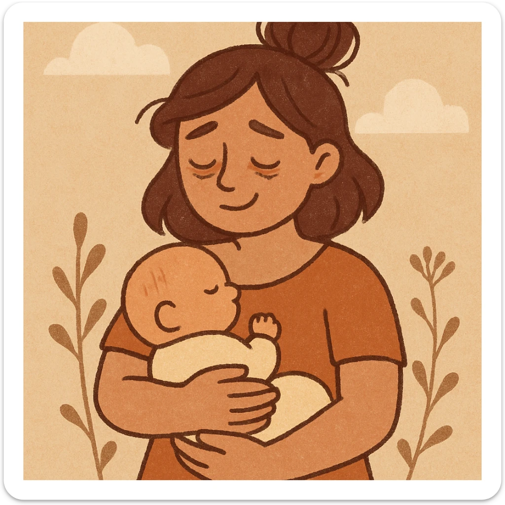 young postpartum mother holding a baby in her arms, dark circles under eyes, tender smile, warm cartoon style sticker