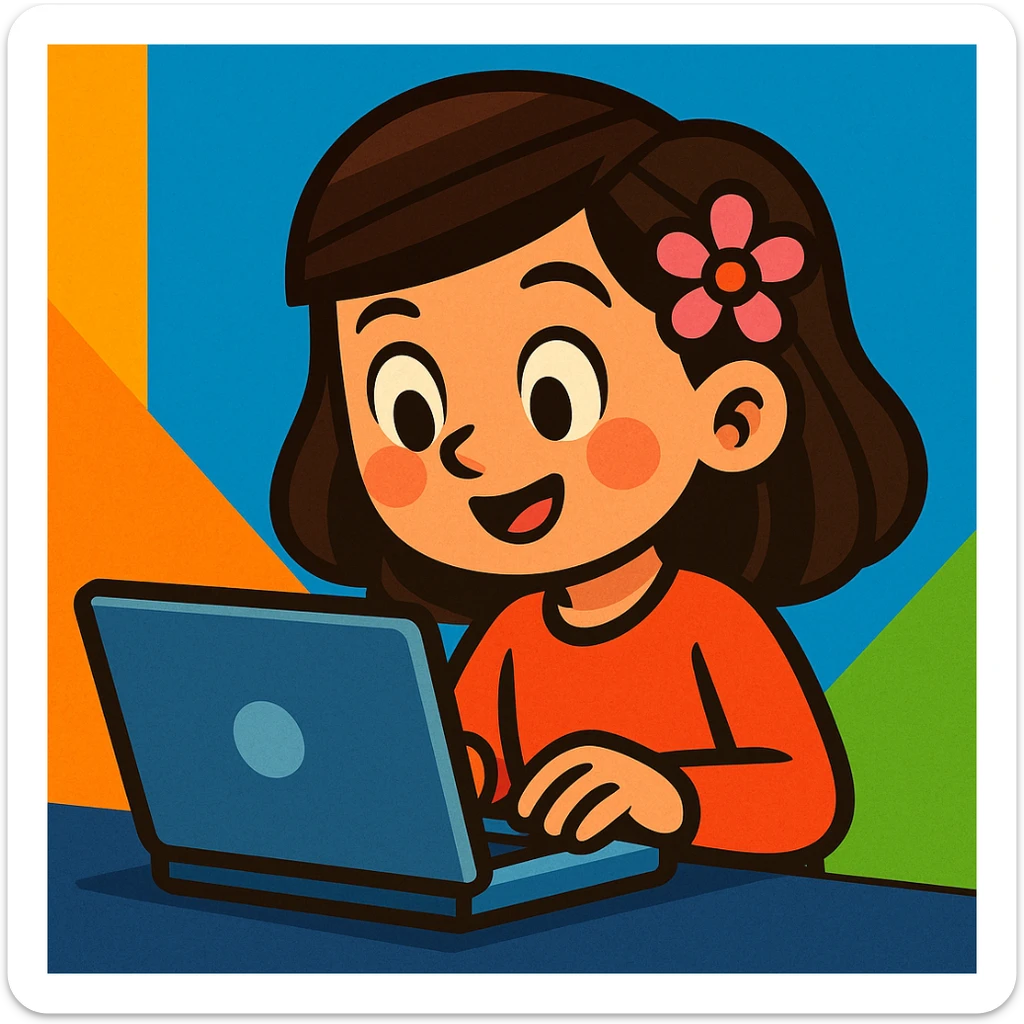 a girl with brunette hair and a pink flower clip in her hair working on a laptop, vibrant cartoon style sticker