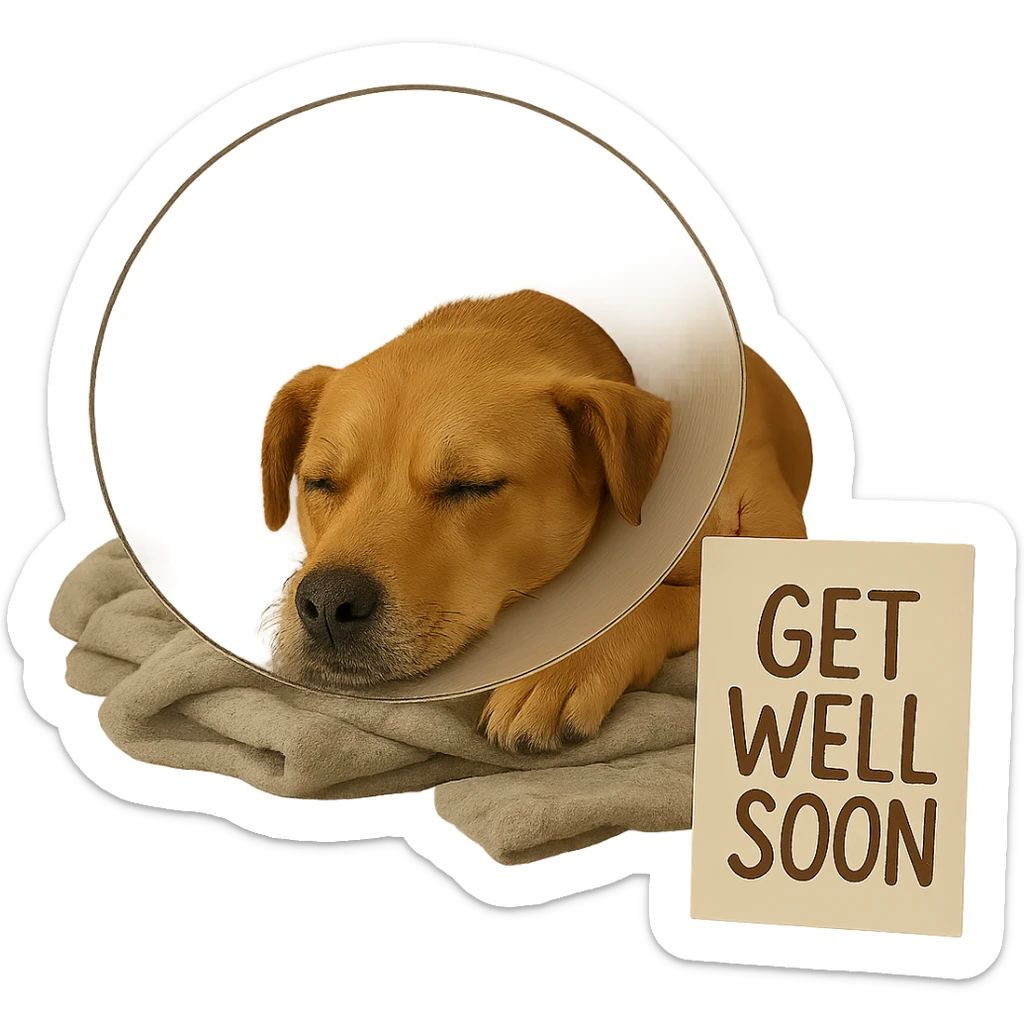 Add a 'get well soon' sign next to the dog. Keep the background transparent. sticker