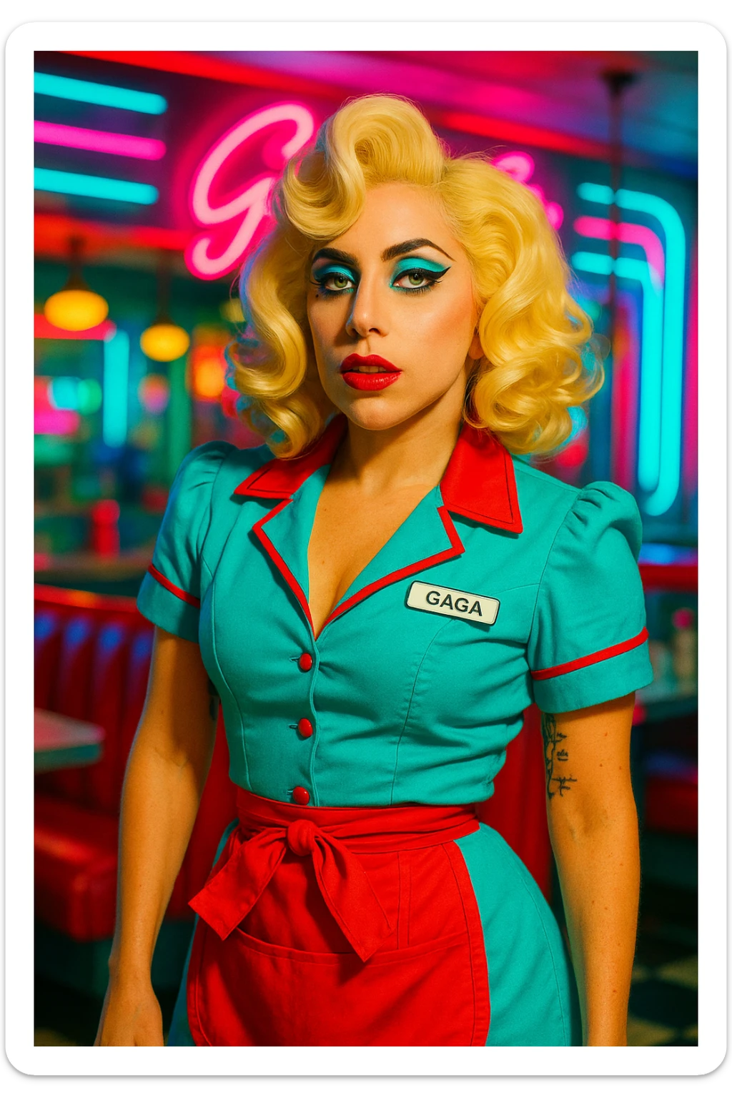 Lady Gaga in the Telephone video, retro diner waitress uniform, platinum blonde hair, glamorous pop style sticker