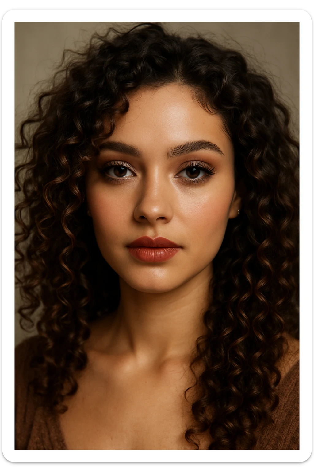 a pretty girl with curly brown hair, brown eyes, and makeup, detailed, beautiful face sticker
