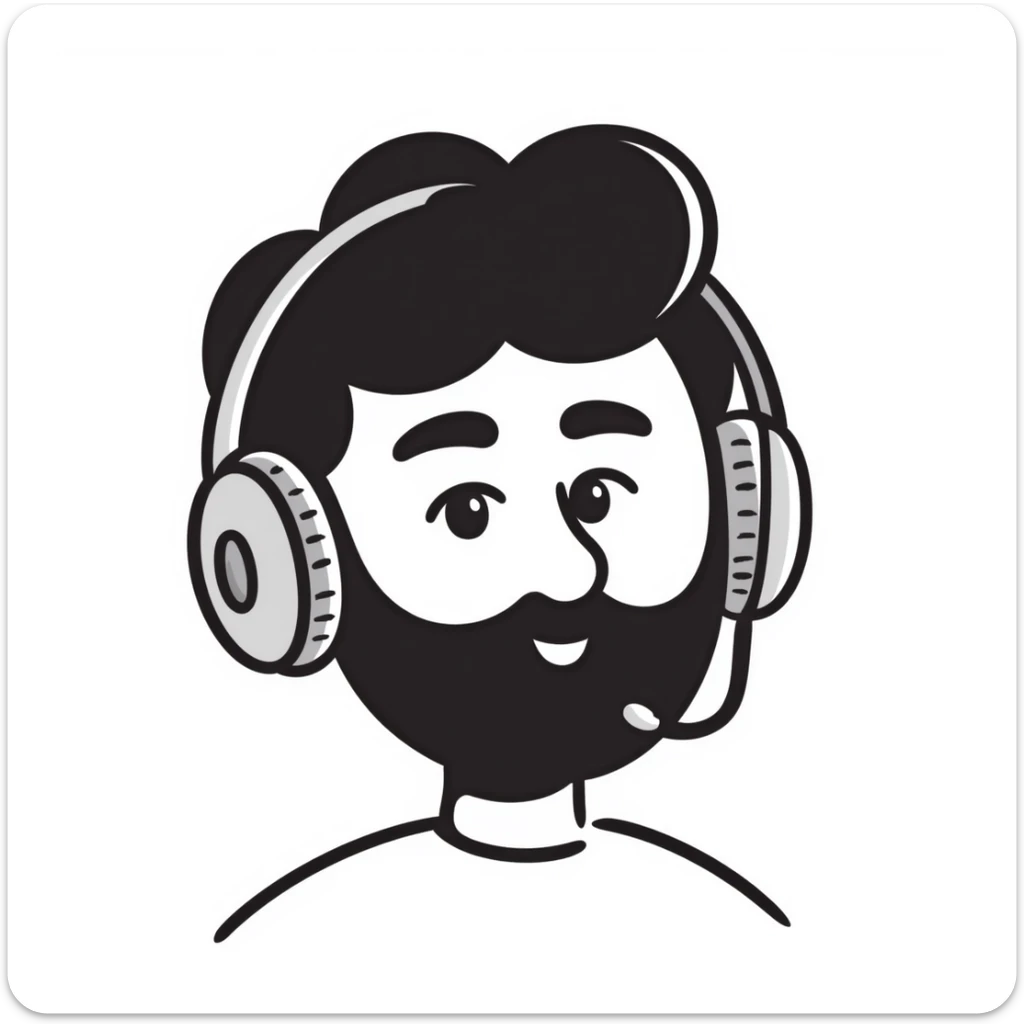 A person with black hair, brown eyes, black beard wearing gaming headphones, saying "Bonjour!" sticker