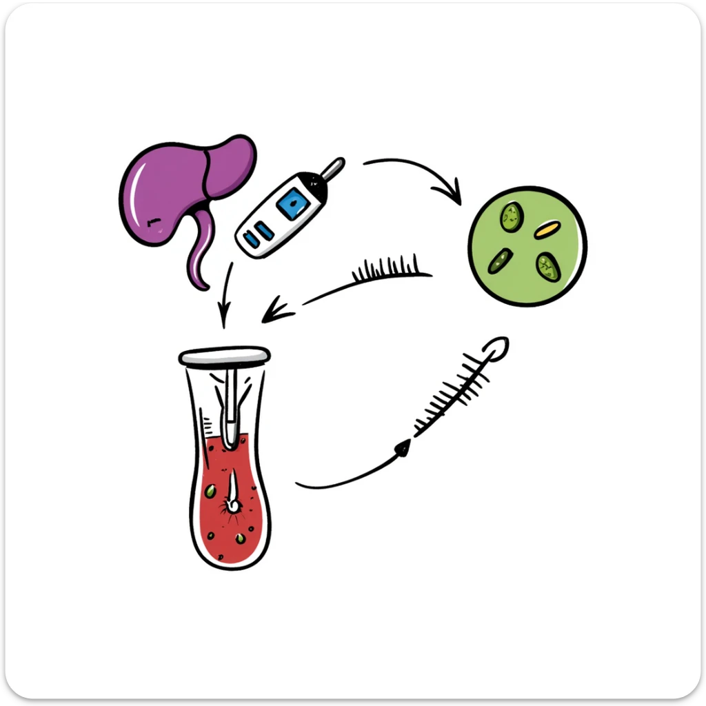 Anatomical diagram of anti-diabetic mechanism: purple pancreas releasing blue insulin molecules, red blood vessels with yellow glucose particles, green cell receptors accepting insulin. Hand-drawn illustration showing glucose regulation with arrows indicating reduced blood sugar levels. sticker