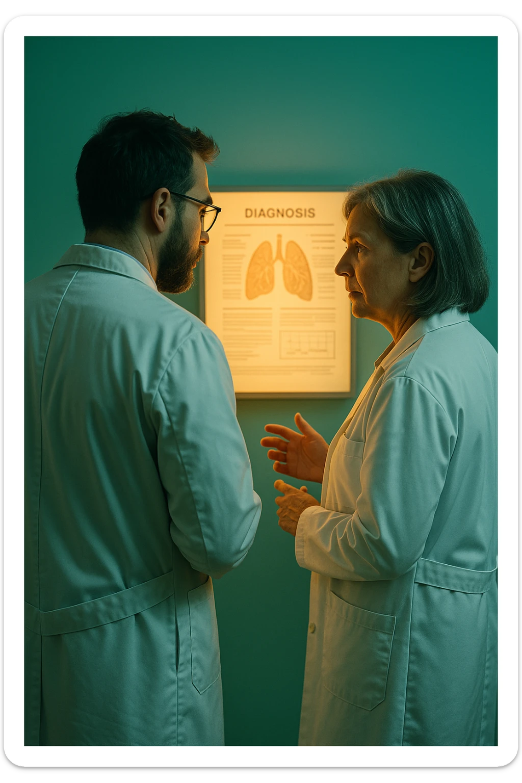 Realistic, detailed photo taken from behind of two doctors—a bearded man and a middle-aged woman—standing and facing each other as they discuss a diagnosis in front of a medical chart. The scene is illuminated by a yellowish, orange, warm light that softly envelops the doctors. The entire room is bathed in a single green-blue color, creating a cohesive and modern atmosphere. Both doctors wear white coats, and their body language suggests a serious, professional conversation. Shot with a Canon EOS R5, with high detail and natural depth of field. sticker