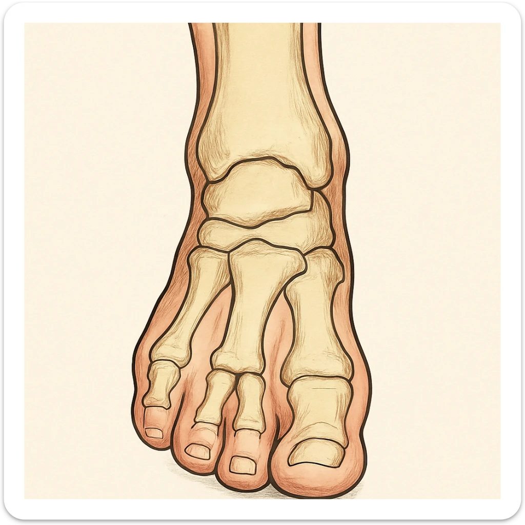 Anatomical illustration of a pronated foot, detailed bones and soft tissue, medical style, neutral background, front view, inspired by the reference image. sticker