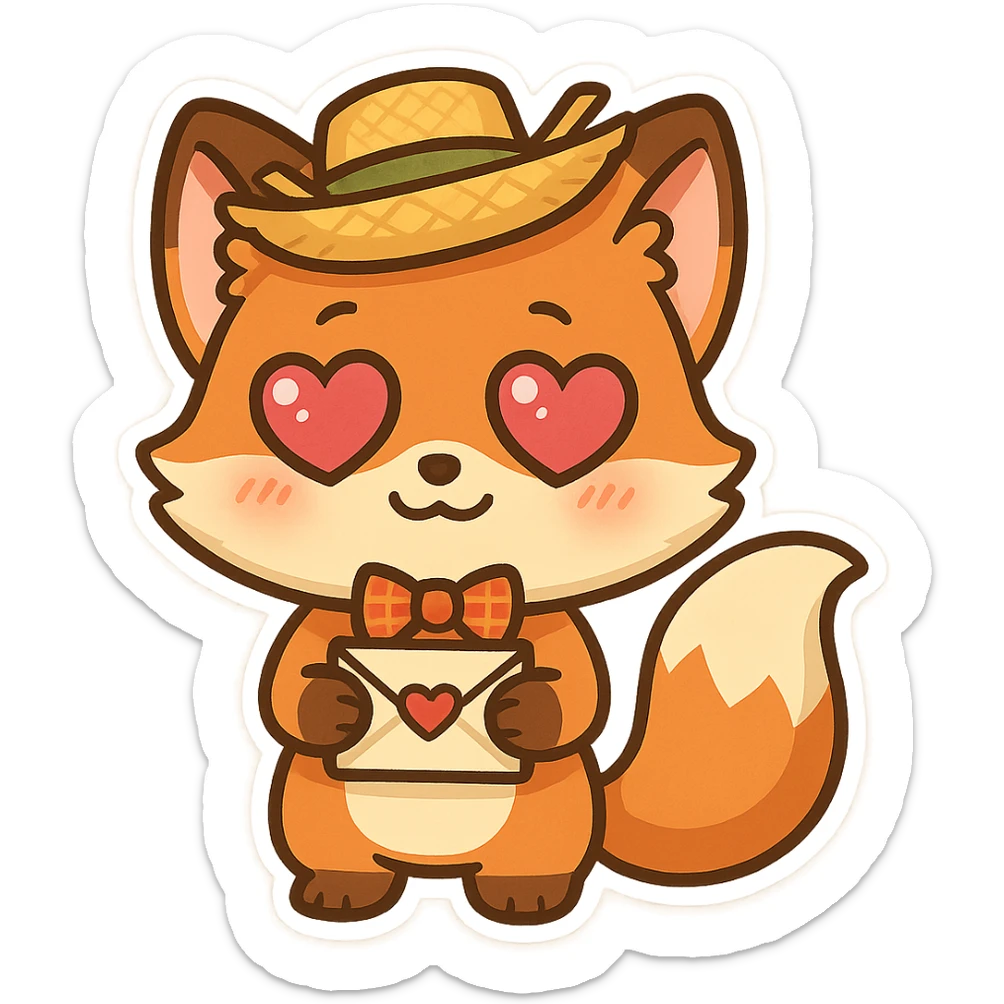 cute cartoon-style fox mascot wearing a festive festa junina outfit, holding a love letter in her paws, big sparkling heart eyes, shy happy expression, orange with white belly and fluffy tail, cheerful character, emoji-like proportions, minimal or transparent background sticker