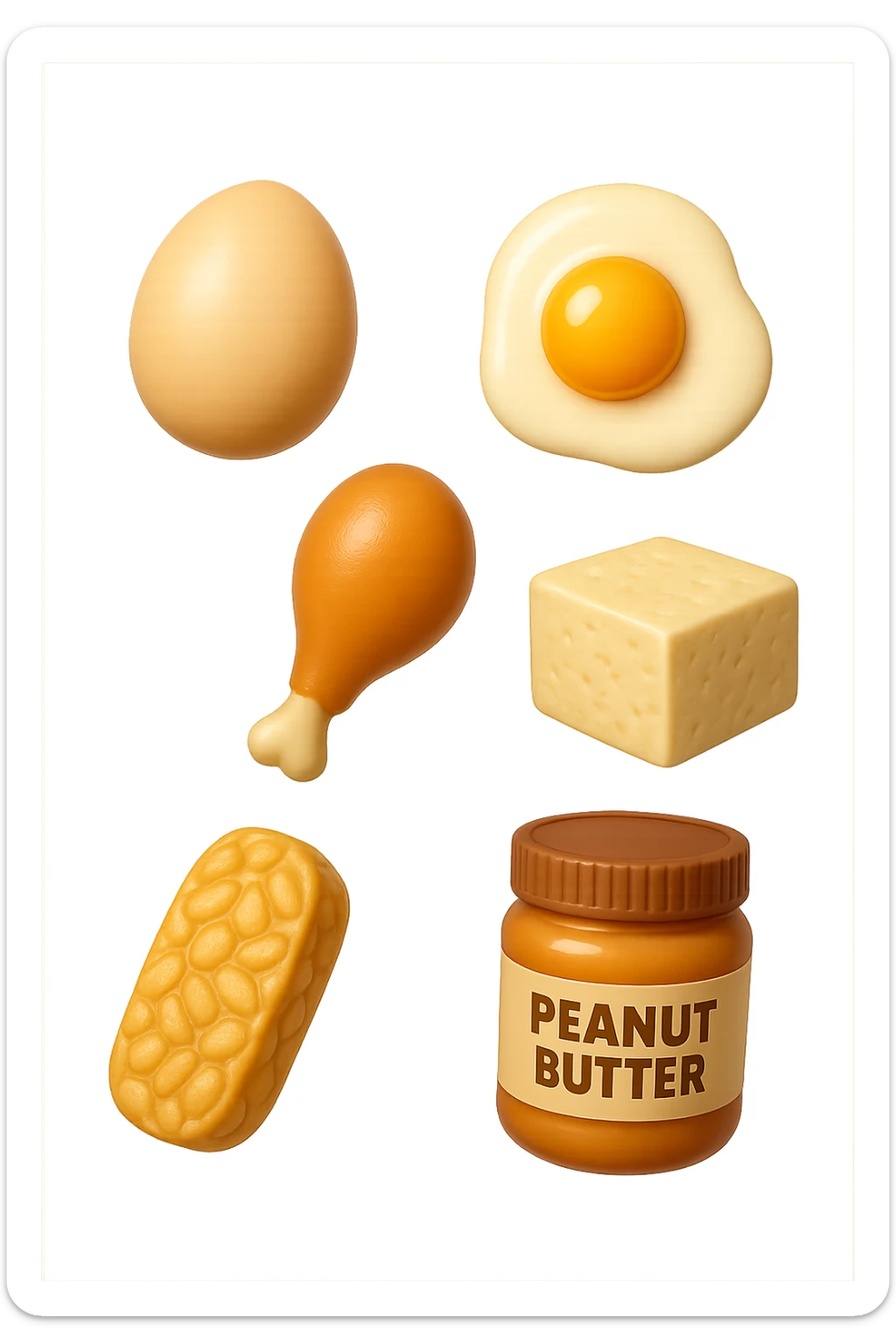 EMOJI STILE IPHONE DI
 uova, pollo, tofu, tempeh, burro di arachidi
, fluttuano in aria REALISTICA 4K sticker