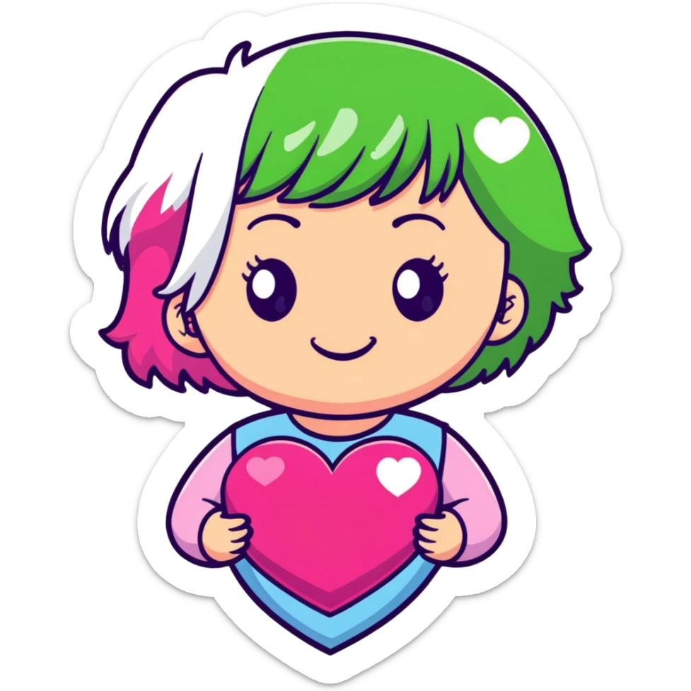 girl with pink and white hair, green eyes, smiling, holding a heart, sticker style sticker