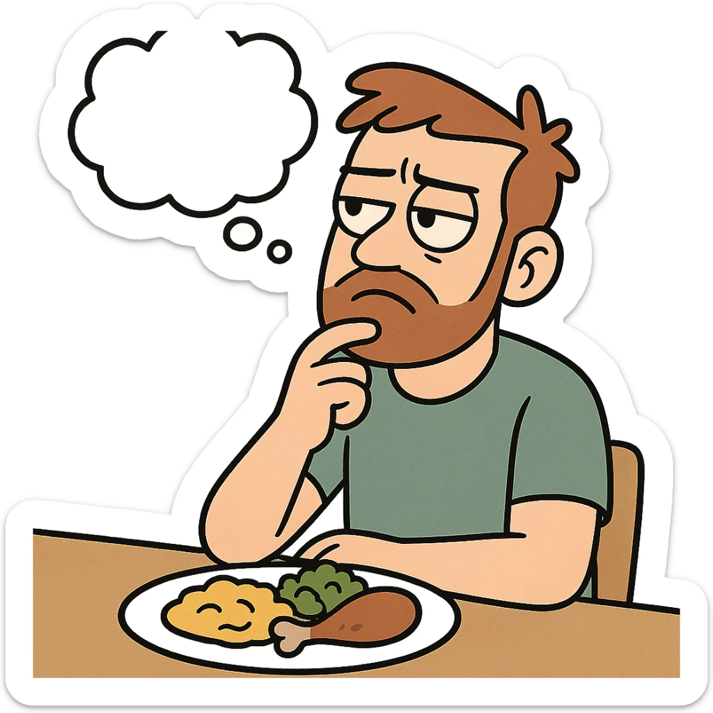 cartoon person with a food plate, hand on chin, pondering whether to eat, visible thought bubble sticker