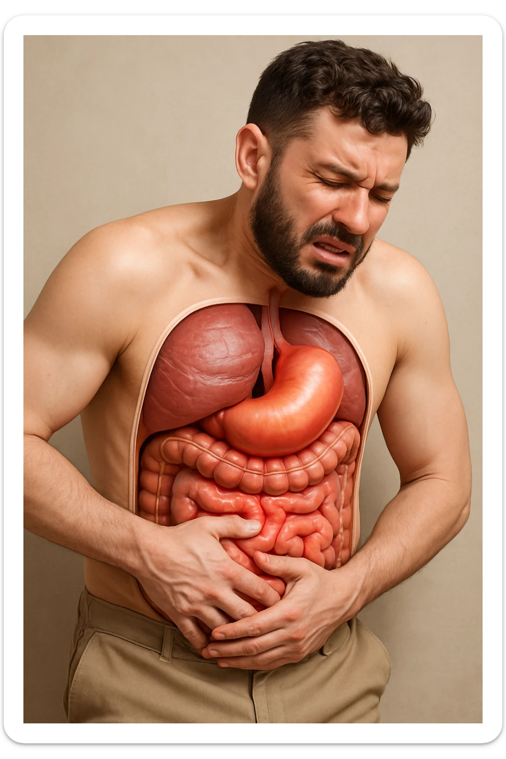 Uomo con dolore per via del suo gonfiore addominale vista anatomica immagine realistica in 3D sticker