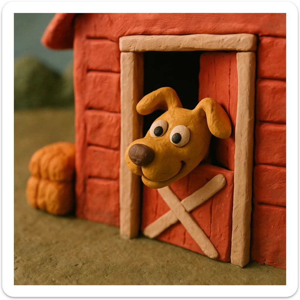 dog peeking out of a barn door, playful and cute, hand-molded details, claymation style sticker