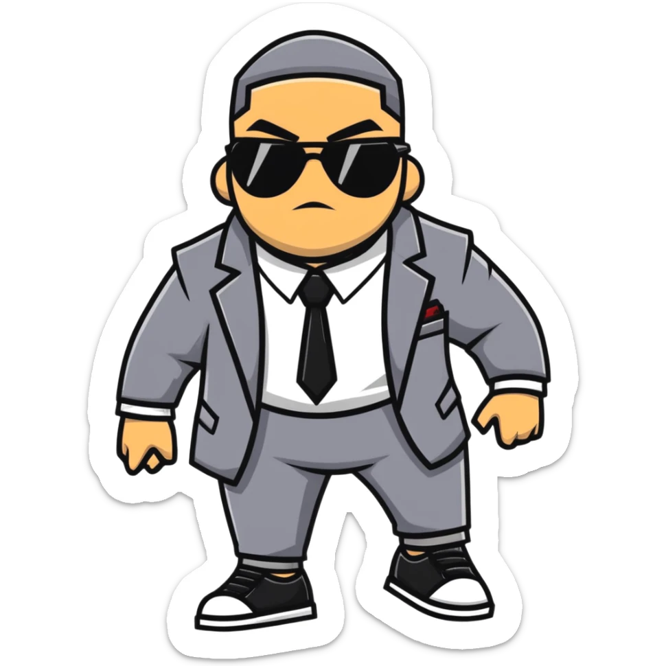 A gangster character walking with sunglasses and a power outfit in an alley, showcasing their gangster and combative nature sticker