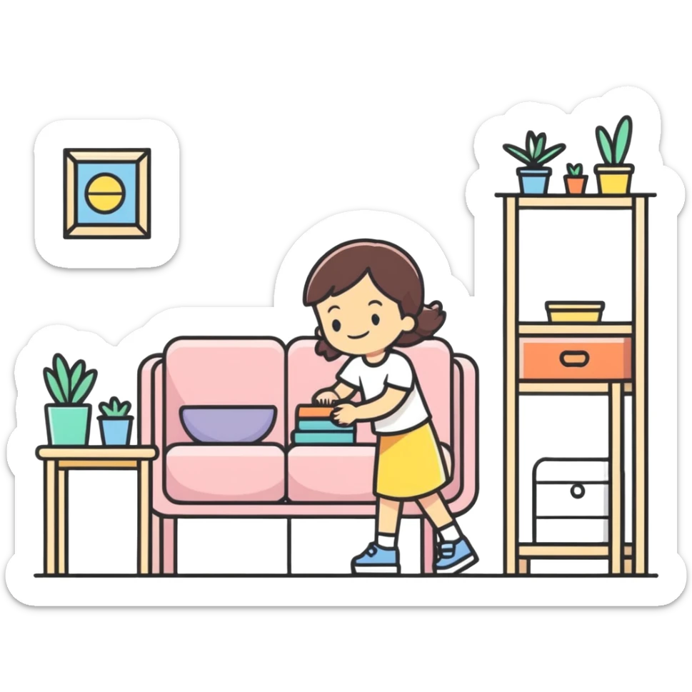 smiling girl arranging furniture in doll house sticker