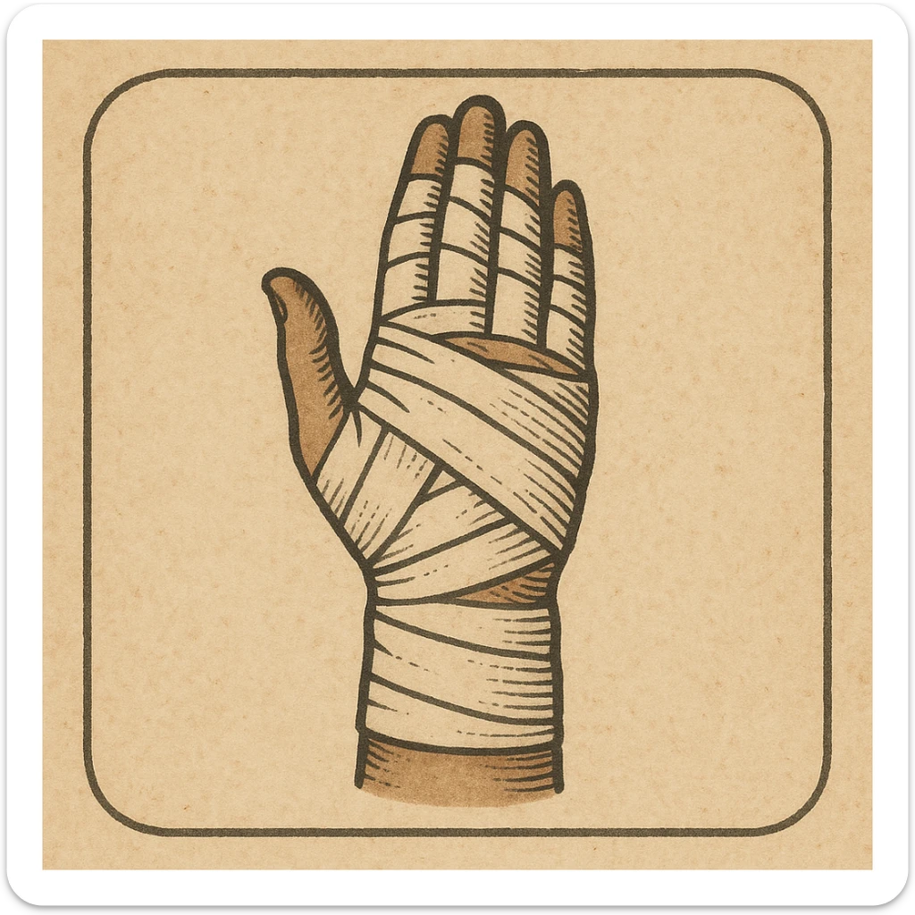 vintage style icon of a bandaged hand, muted colors, subtle texture, classic medical illustration feel sticker