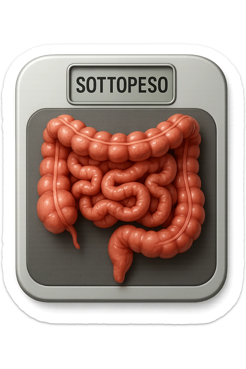 bilancia pesapersone con la scritta "SOTTOPESO" SUL DISPLAY, INTESTINO UMANO SULLA BILANCIA, stile emoji iphone, iperrealistico 4k sticker