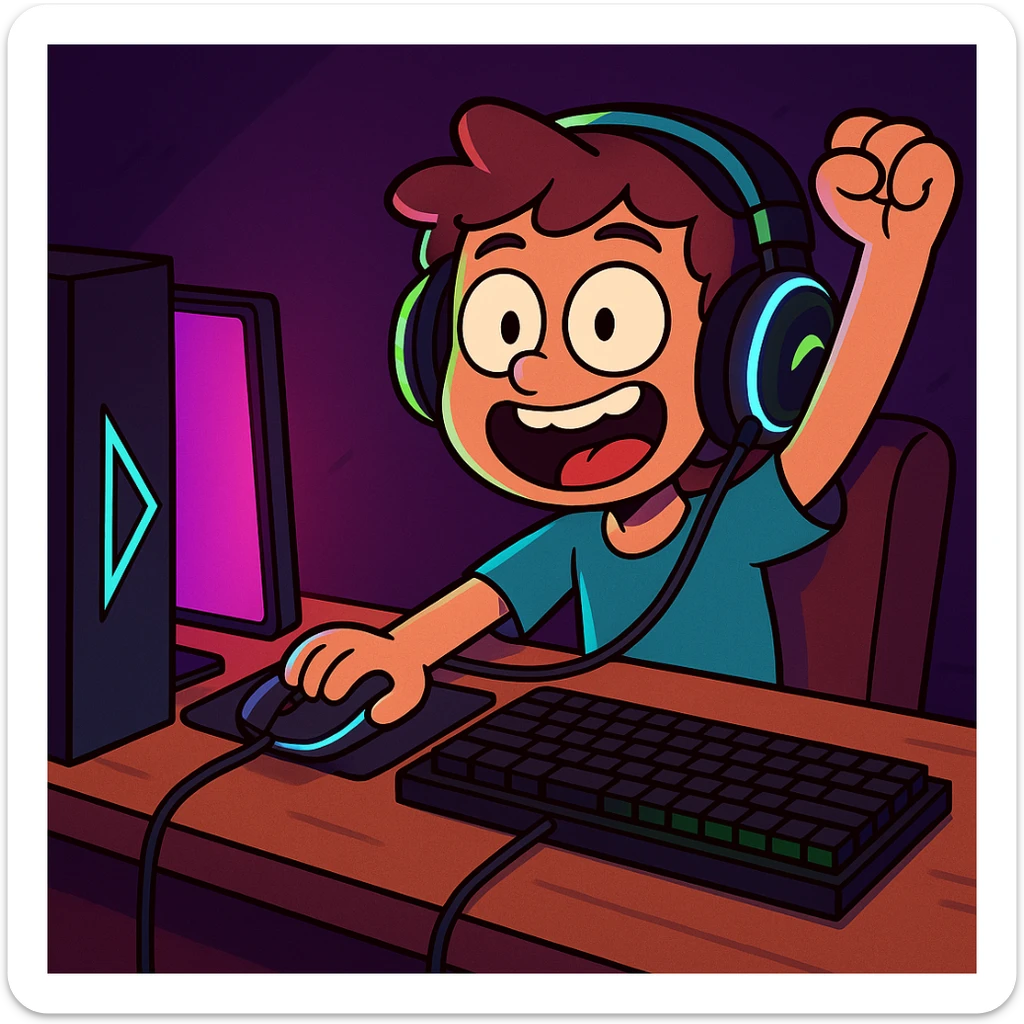 Add headphones and LED lights to the young boy with a gaming setup in a cartoon style that is modern and fun. sticker