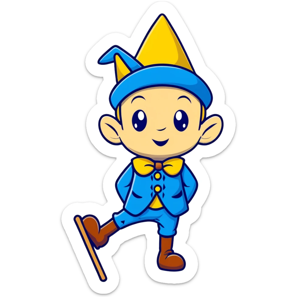 Cartoon Pinocchio puppet with growing long nose, blue outfit and pointed hat sticker