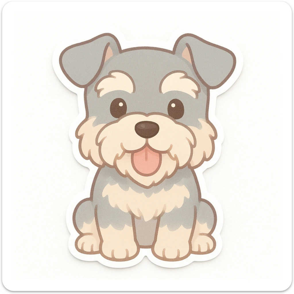 chibi sticker of a mini schnauzer, sitting, tongue out, pastel colors, white background sticker