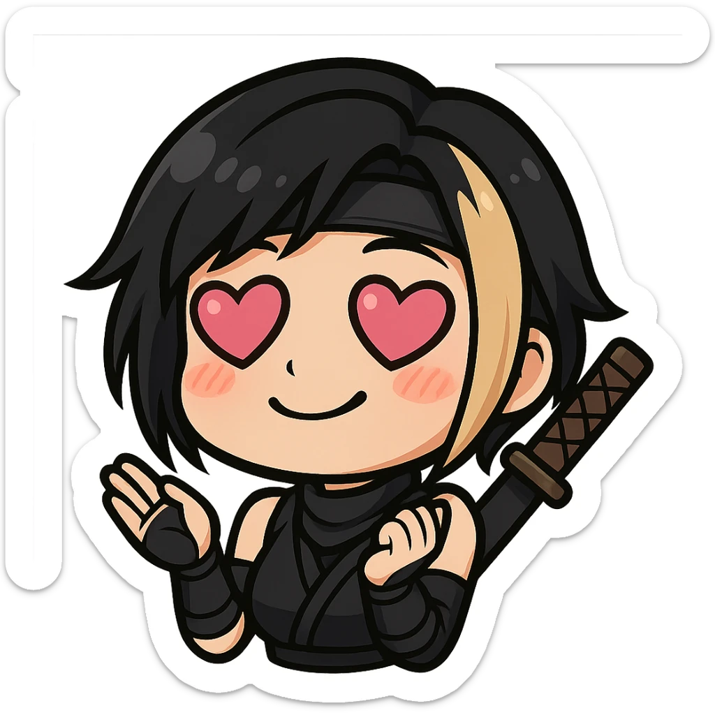 Sexy chibi ninja girl with black short hair and a blonde streak, only head and arms, colorful chibi style with bold outlines, transparent background, no mask, love expression with hearts for eyes and a dreamy smile, sized for Twitch emoji use. sticker