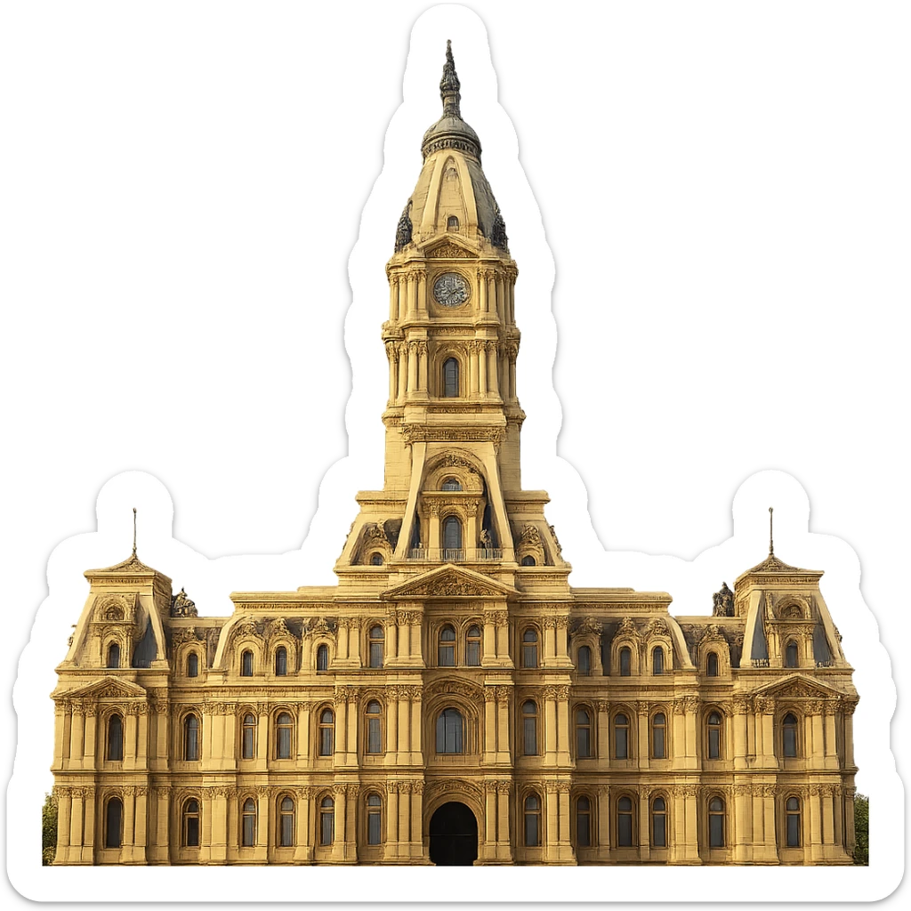 cinematic, realistic emoji of Philadelphia City Hall, straight-on perspective, featuring majestic, ornate architecture, lifelike detail, bright regal lighting as on a sunny day, accurate building colors sticker