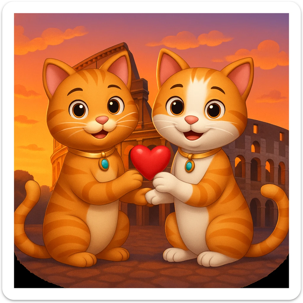 Add the Colosseum in the background with a sunset ambiance, keeping the happy cat proposal in Rome. The style should resemble emoji style. Keep the background transparent if possible. sticker