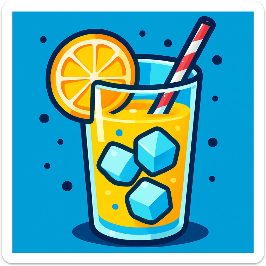 a glass of lemonade, fresh and vibrant, with ice cubes and a lemon slice, fun and appealing style, colorful and lively sticker