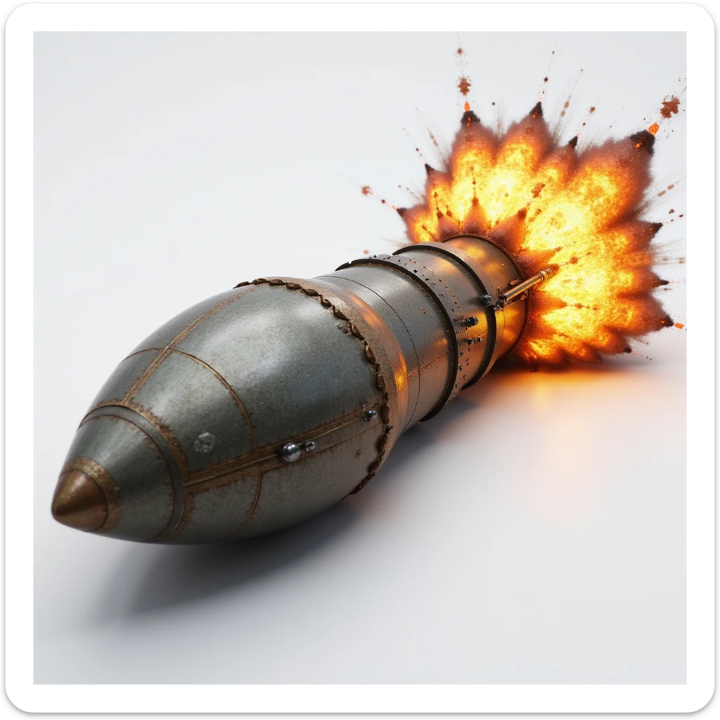 realistic emoji of the Father of All Bombs as a long missile with metallic texture, dramatic explosive details, and a sense of scale, photorealistic style sticker