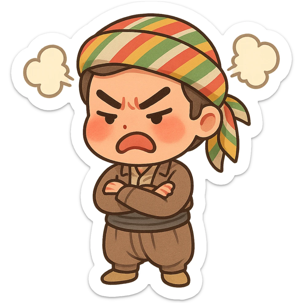 Kurdish sticker, angry mood, cartoon style, Kurdish person in traditional dress, arms crossed or frowning, steam or red cheeks, no text, suitable for messaging apps sticker