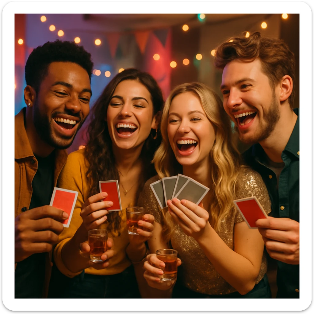 a group laughing, holding cards and shot glasses, party vibe, lively atmosphere sticker