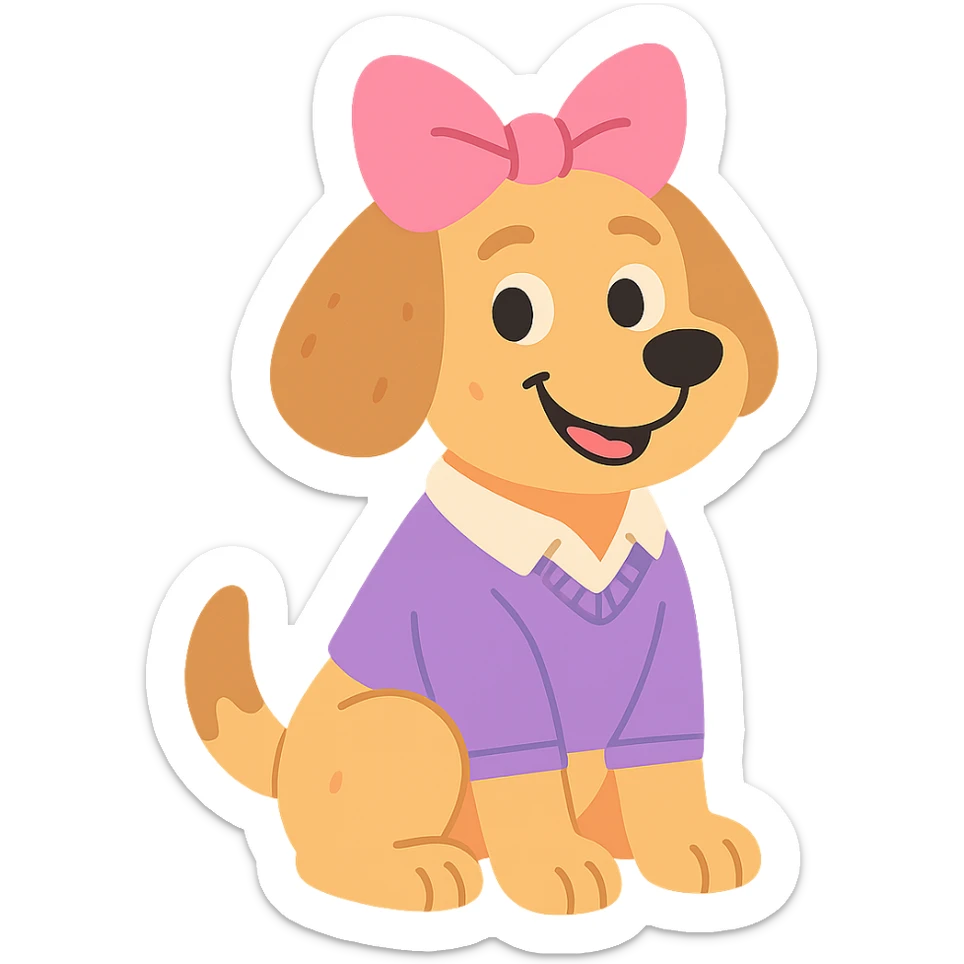 preppy dog with a pink head piece bow, sitting and smiling, pastel toon style sticker