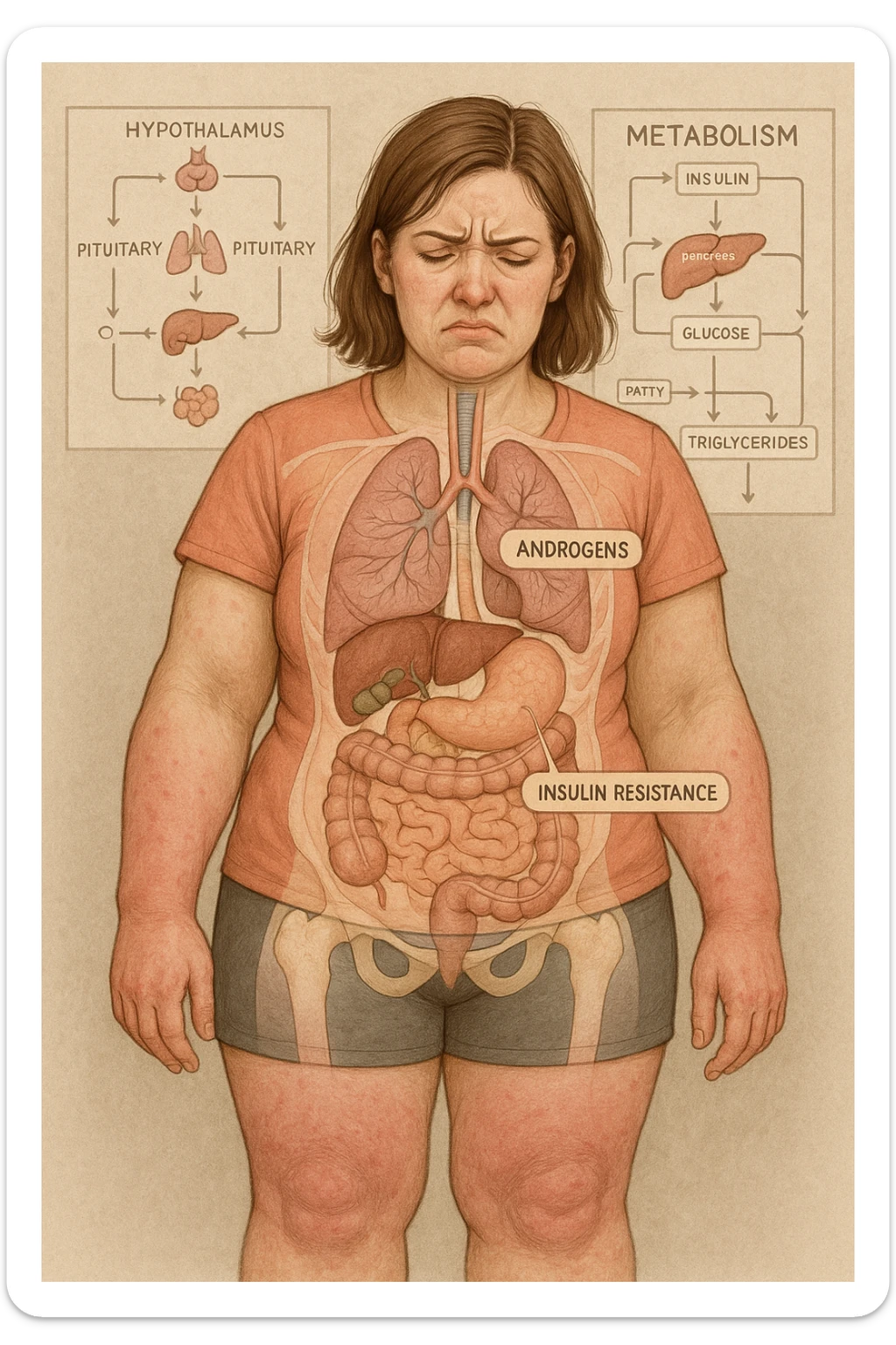Woman with PCOS struggling with hormonal chaos, transparent overlay showing elevated androgens and insulin resistance affecting her body, lipedema causing disproportionate fat accumulation in legs and arms despite normal torso, expression of frustration with unexplained weight gain, medical charts showing complex endocrine dysfunction, painful swollen limbs contrasting with metabolic confusion sticker