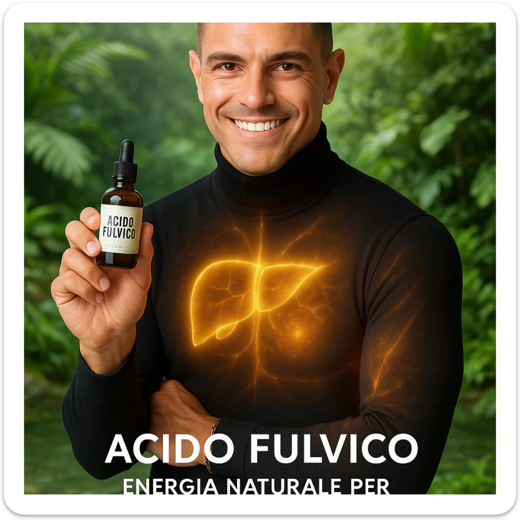 Uomo con il volto del riferimento, tiene una boccetta 'acido fulvico', energia traslucida su fegato e pelle, ambiente naturale e luminoso, piante e acqua pulita, stile wellness, testo in italiano. sticker